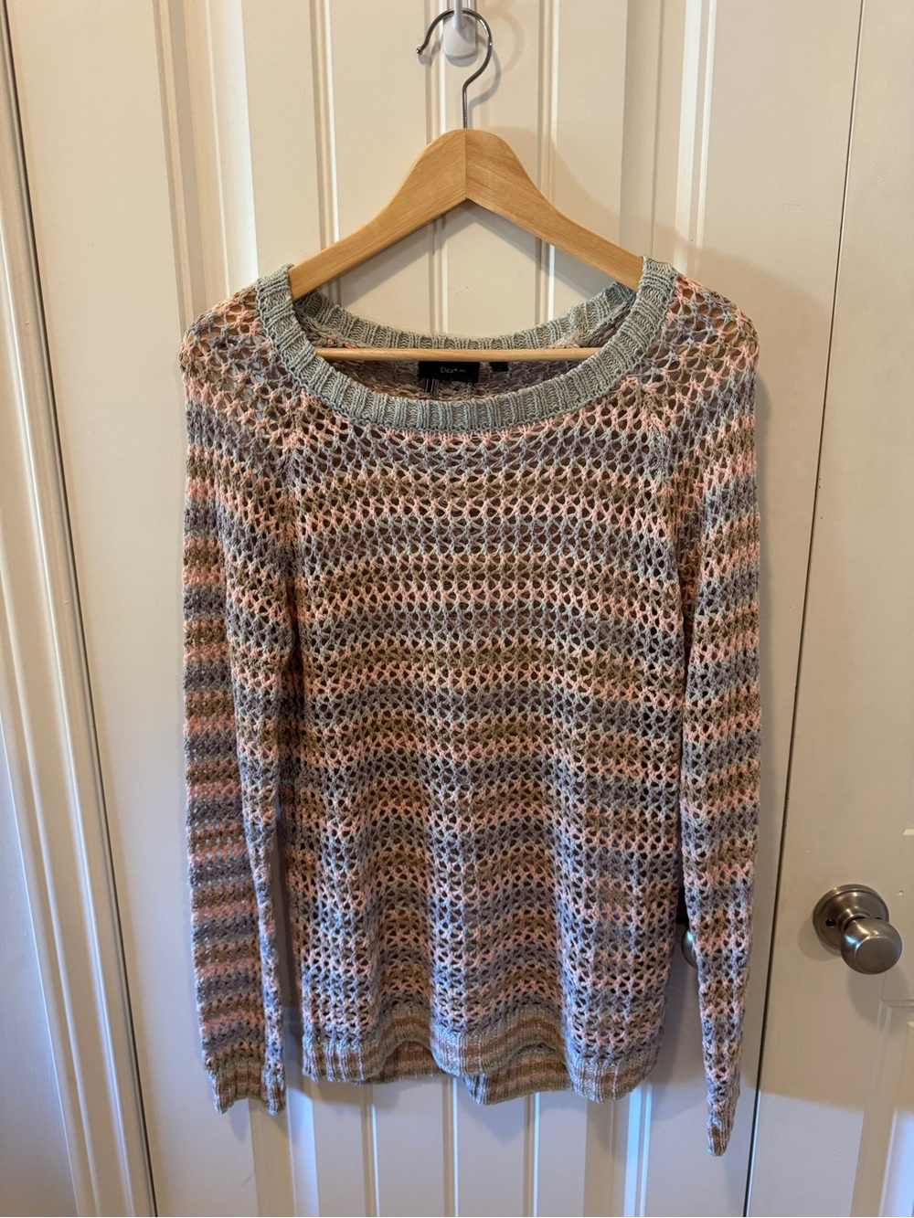 Dex Open-Knit Crewneck Sweater in Pink, Gray & Cream